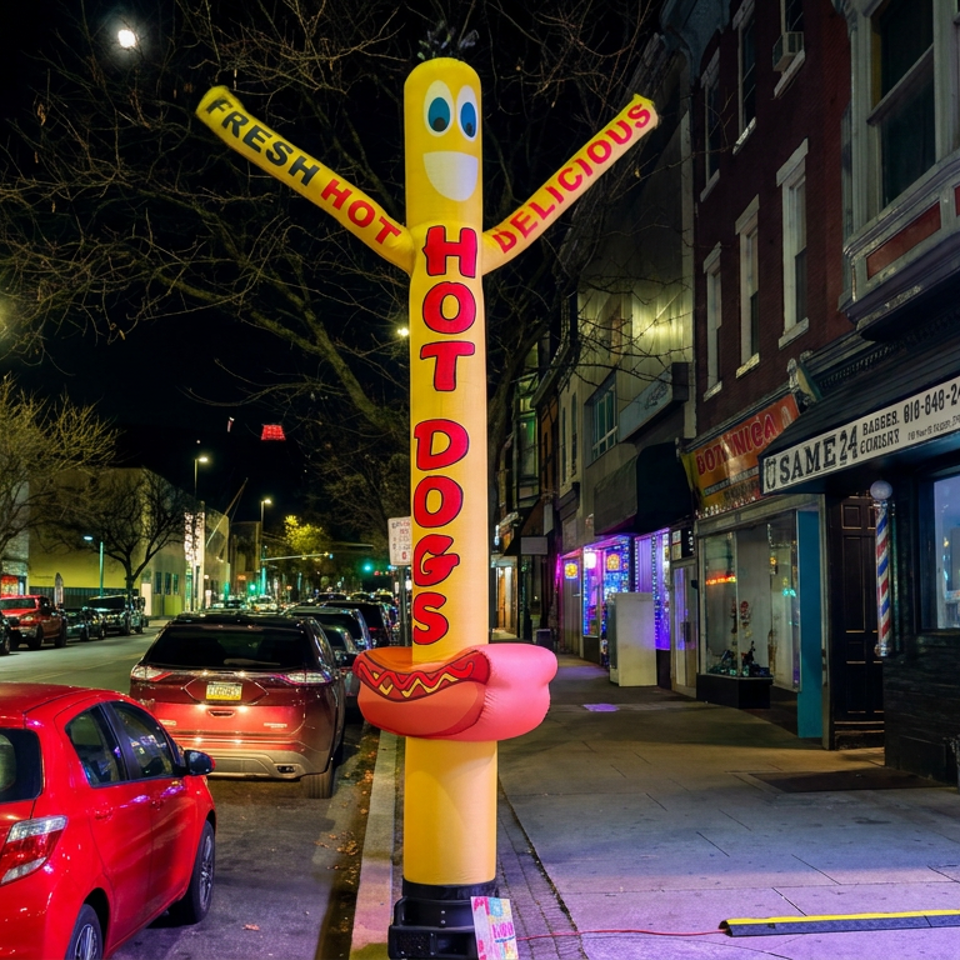 Illuminated hot dog sign stands outside a barbershop on a lively city street at night.