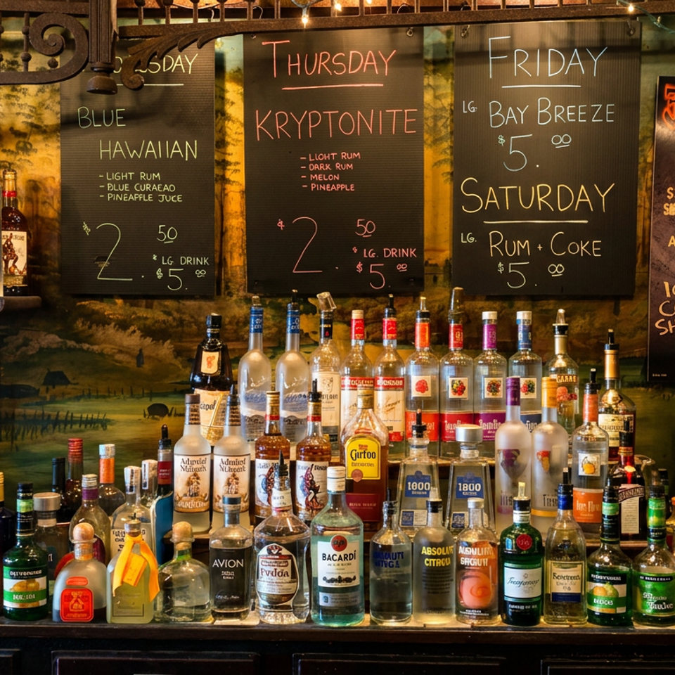 Bar shelf displaying assorted liquor bottles beneath chalkboards advertising daily cocktails and drink specials.