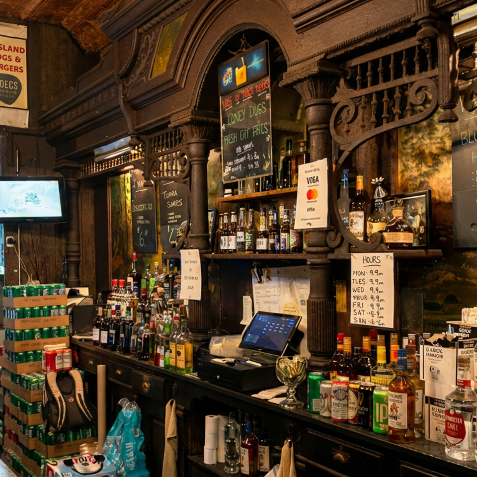 Ornate restaurant bar lined with liquor bottles, chalkboard specials, taps, warm lighting, and a visible kitchen counter.
